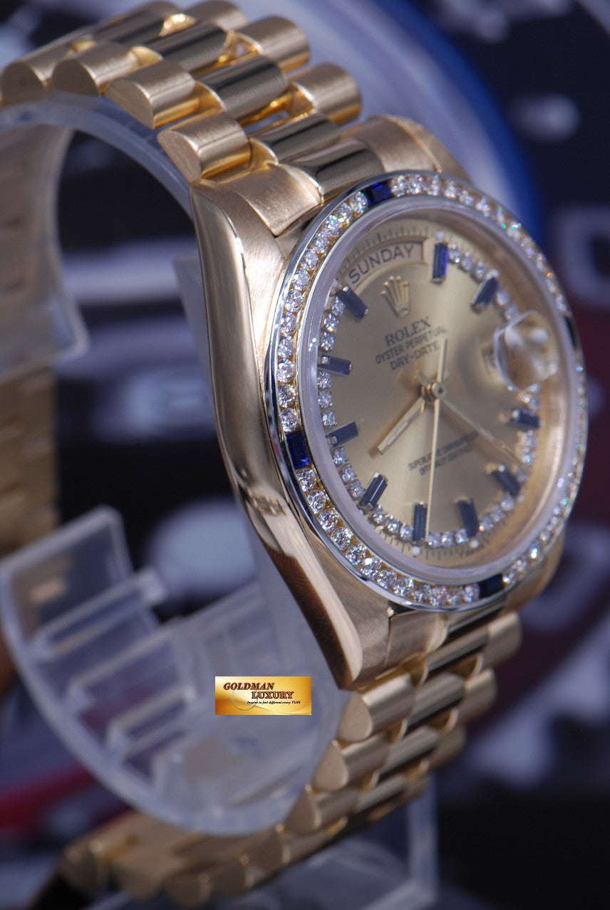 [SOLD] ROLEX OYSTER DAY-DATE PRESIDENT 18K YELLOW GOLD DIAMONDS & SAPPHIRE DIAL 18038 (RARE)