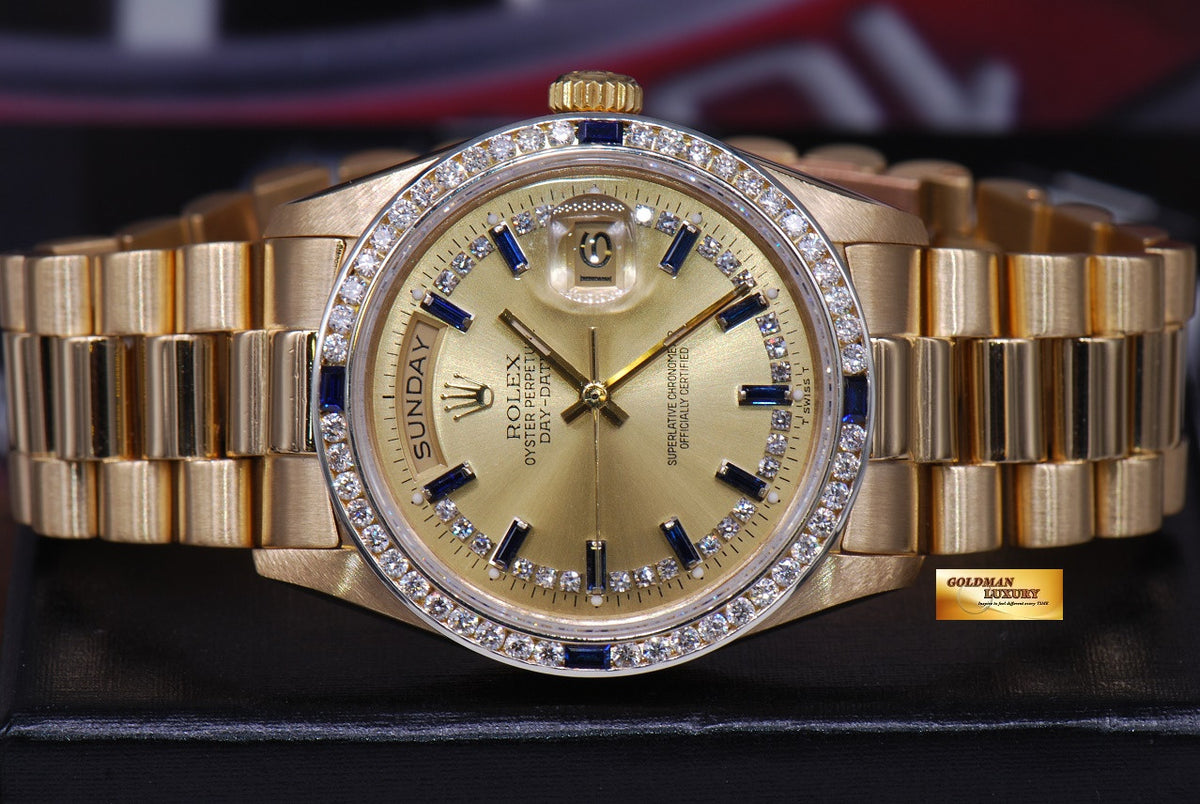 [SOLD] ROLEX OYSTER DAY-DATE PRESIDENT 18K YELLOW GOLD DIAMONDS & SAPPHIRE DIAL 18038 (RARE)