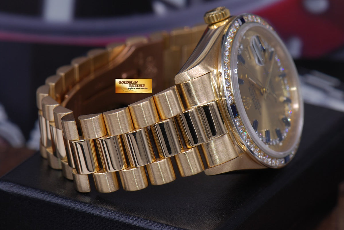 [SOLD] ROLEX OYSTER DAY-DATE PRESIDENT 18K YELLOW GOLD DIAMONDS & SAPPHIRE DIAL 18038 (RARE)