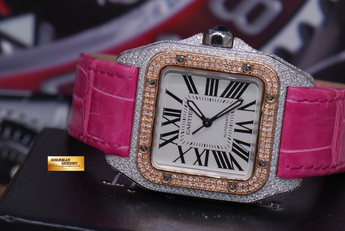 [SOLD] CARTIER SANTOS 100 MIDSIZE LADIES HALF-GOLD FULL DIAMONDS AUTOMATIC (MINT)