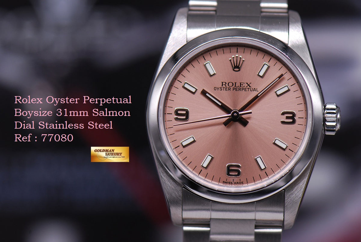 [SOLD] ROLEX OYSTER PERPETUAL 31mm BOYSIZE SALMON DIAL STAINLESS STEEL 77080 (MINT)