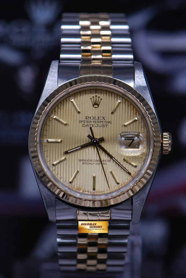 [SOLD] ROLEX OYSTER DATEJUST 36mm GENTS HALF-GOLD TAPESTRY DIAL Ref : 16233 (NEAR MINT)