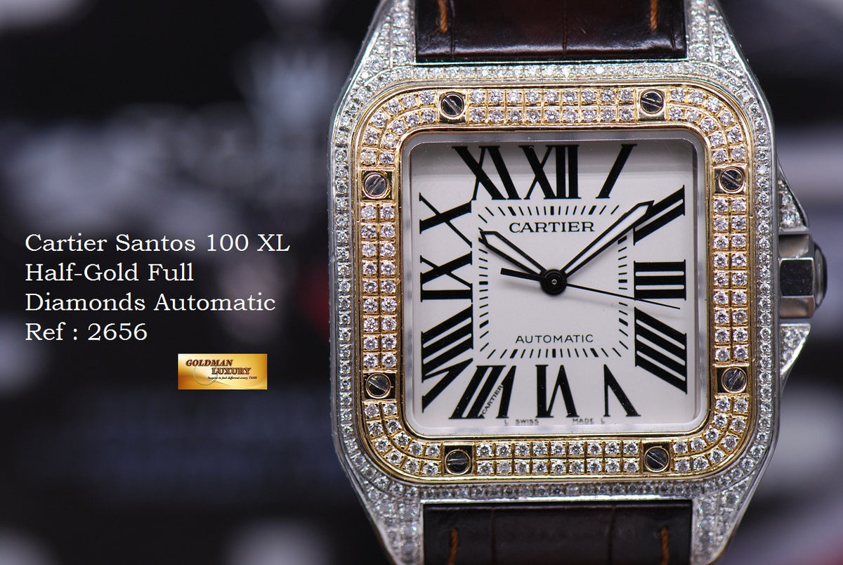 [SOLD] CARTIER SANTOS 100 XL HALF-GOLD CUSTOM FULL DIAMONDS AUTOMATIC (NEAR MINT)