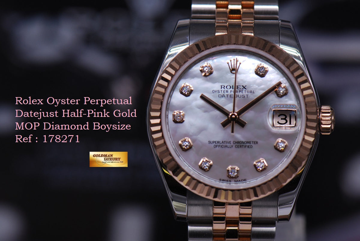 [SOLD] ROLEX OYSTER PERPETUAL LADIES 31mm HALF-ROSE GOLD MOP DIAMOND DIAL 178271 (MINT)