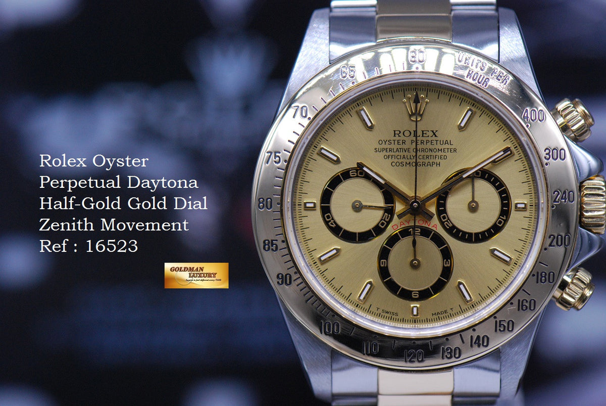 [SOLD] ROLEX OYSTER DAYTONA HALF-GOLD ZENITH MOVEMENT GOLD DIAL Ref : 16523 (MINT)