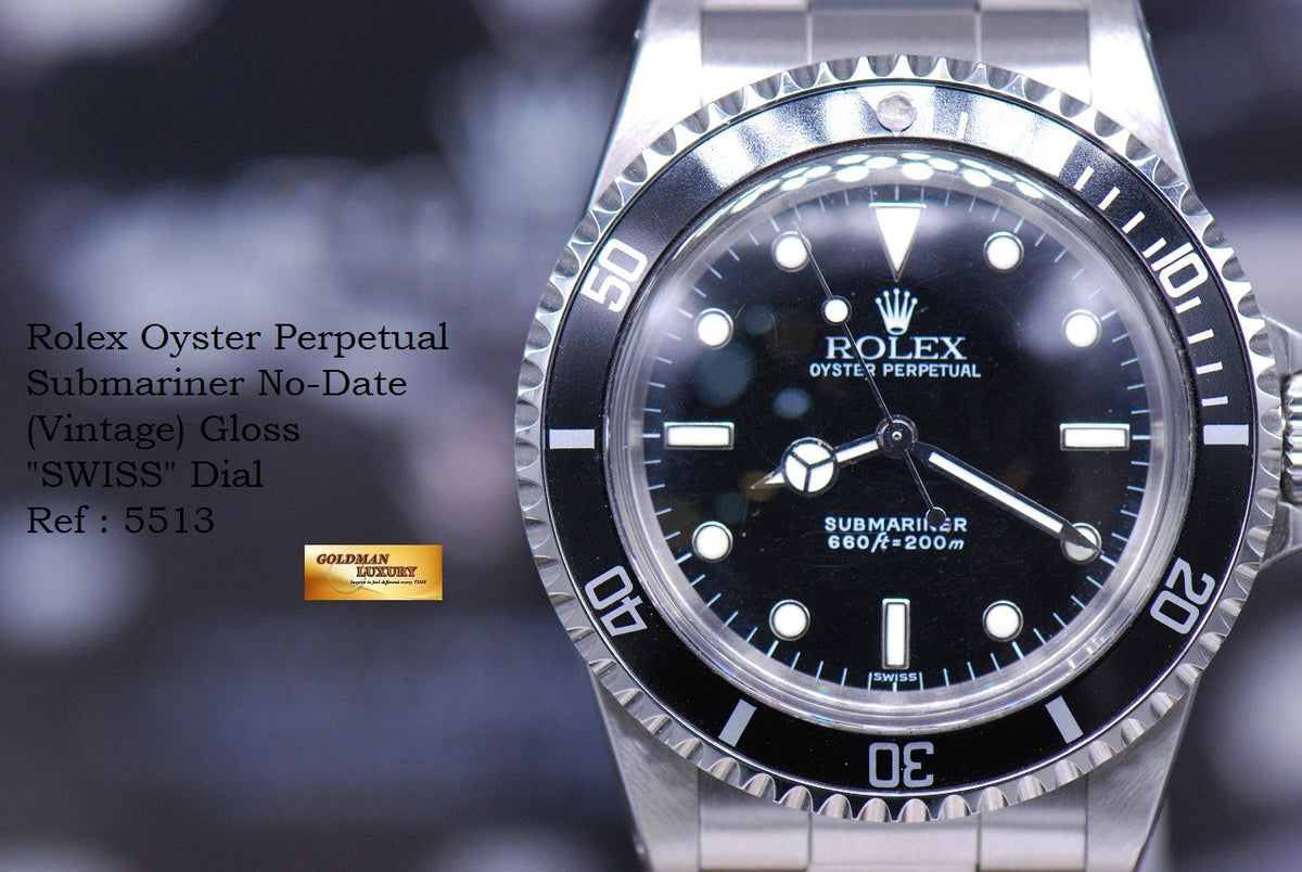 [SOLD] ROLEX OYSTER PERPETUAL SUBMARINER NO-DATE GLOSS “SWISS” DIAL 5513 (VINTAGE NEAR MINT)