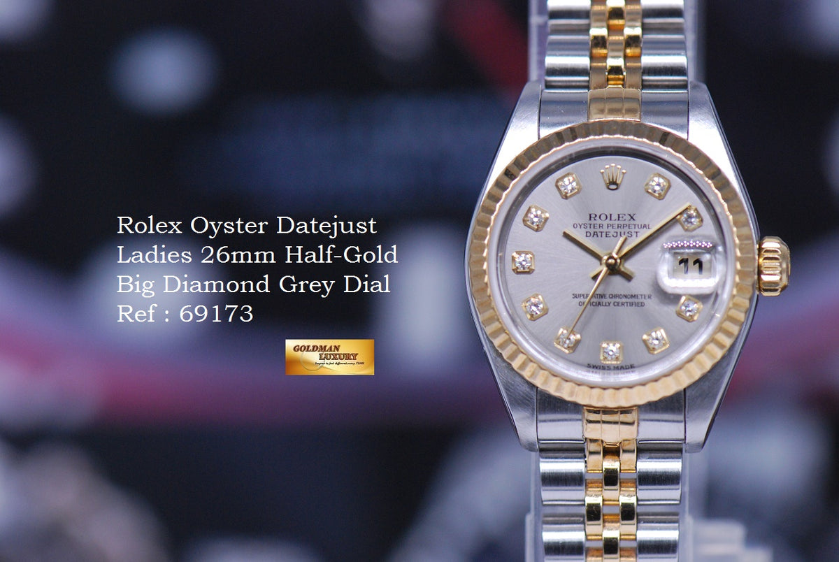 [SOLD] ROLEX OYSTER PERPETUAL DATEJUST LADIES 26mm HALF-GOLD BIG DIAMOND 69173 (MINT)