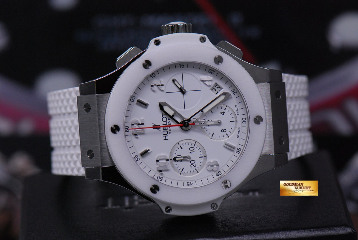 [SOLD] HUBLOT BIG BANG LADIES CHRONOGRAPH 38MM WHITE CERAMIC BEZEL (NEW-UNWORN)