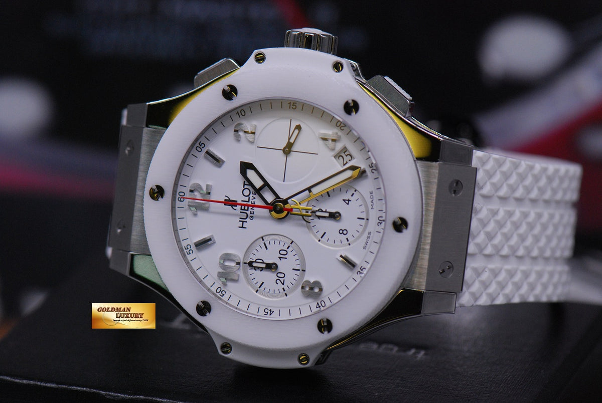 [SOLD] HUBLOT BIG BANG LADIES CHRONOGRAPH 38MM WHITE CERAMIC BEZEL (NEW-UNWORN)