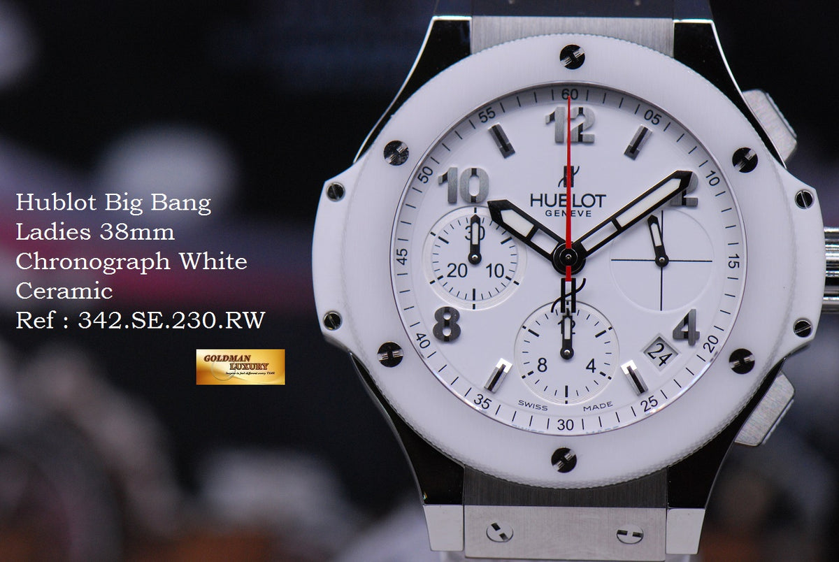 [SOLD] HUBLOT BIG BANG LADIES CHRONOGRAPH 38MM WHITE CERAMIC BEZEL (NEW-UNWORN)