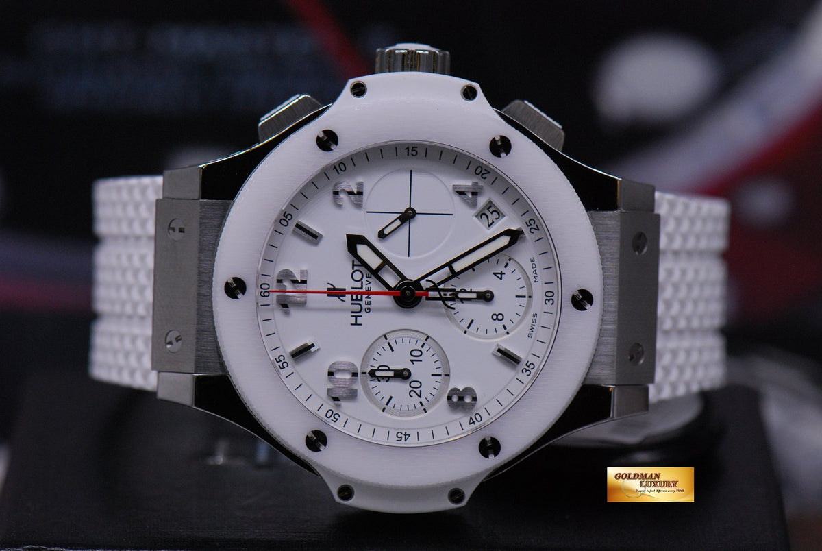 [SOLD] HUBLOT BIG BANG LADIES CHRONOGRAPH 38MM WHITE CERAMIC BEZEL (NEW-UNWORN)