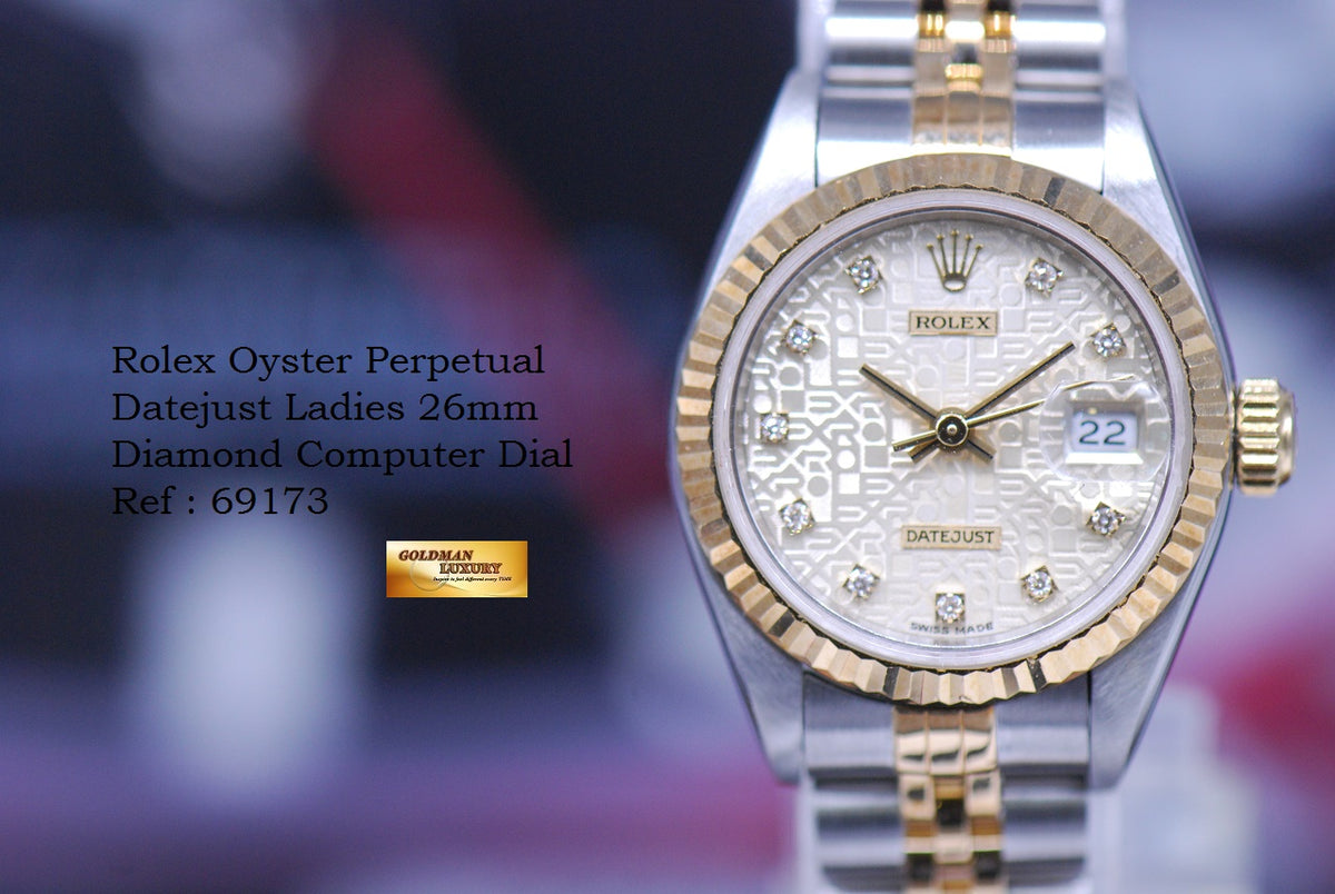 [SOLD] ROLEX OYSTER PERPETUAL DATEJUST 26mm HALF-GOLD DIAMOND SILVER COMPUTER 69173 (MINT)