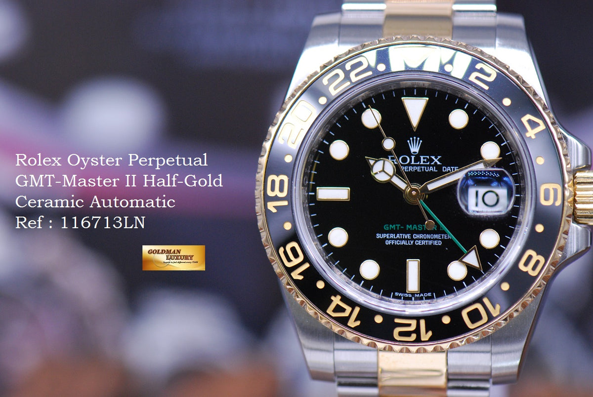 [SOLD] ROLEX OYSTER PERPETUAL GMT-MASTER II HALF-GOLD CERAMIC BEZEL Ref 116713LN (MINT)