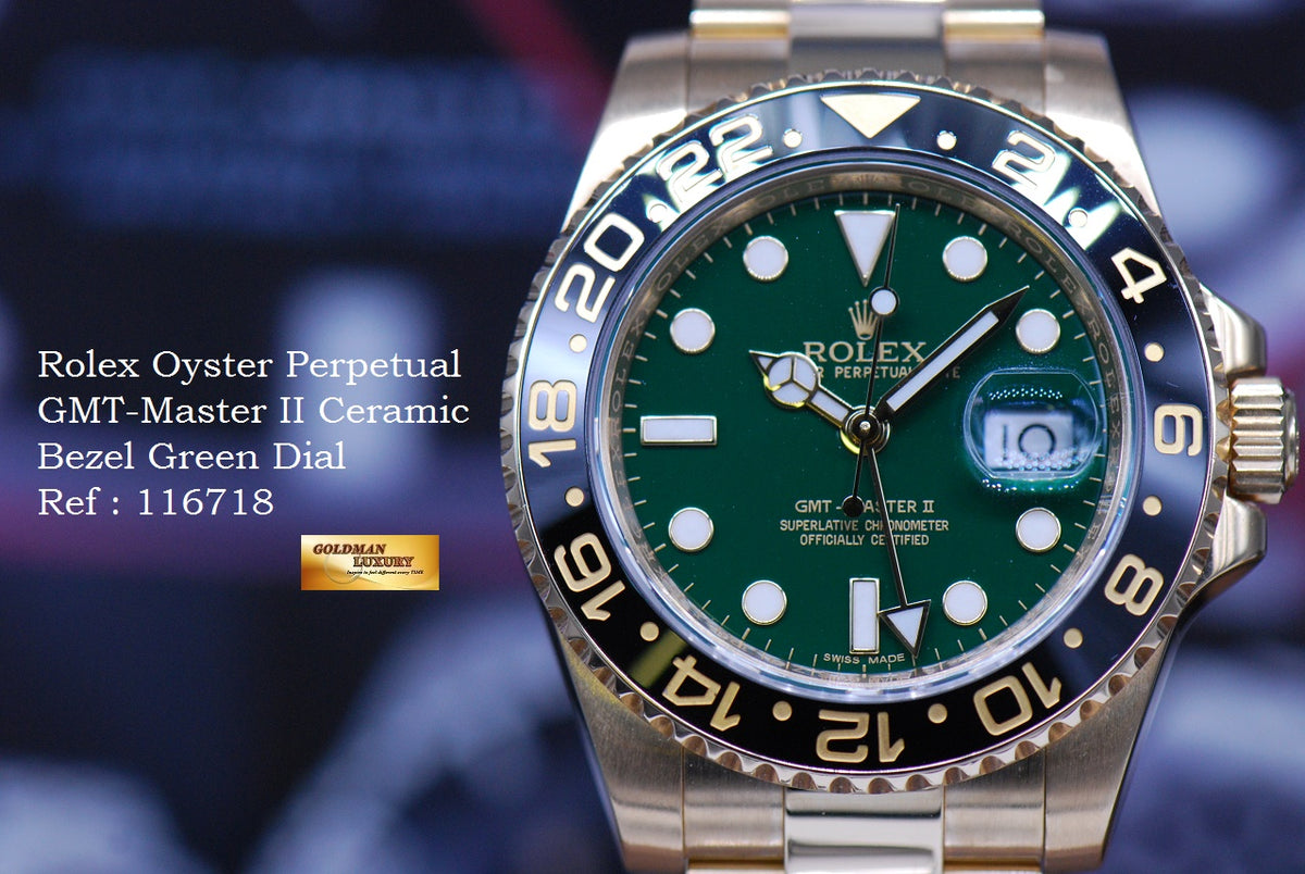 [SOLD] ROLEX OYSTER PERPETUAL GMT-MASTER II 18K YELLOW GOLD GREEN DIAL CERAMIC BLACK 116718 (MINT)