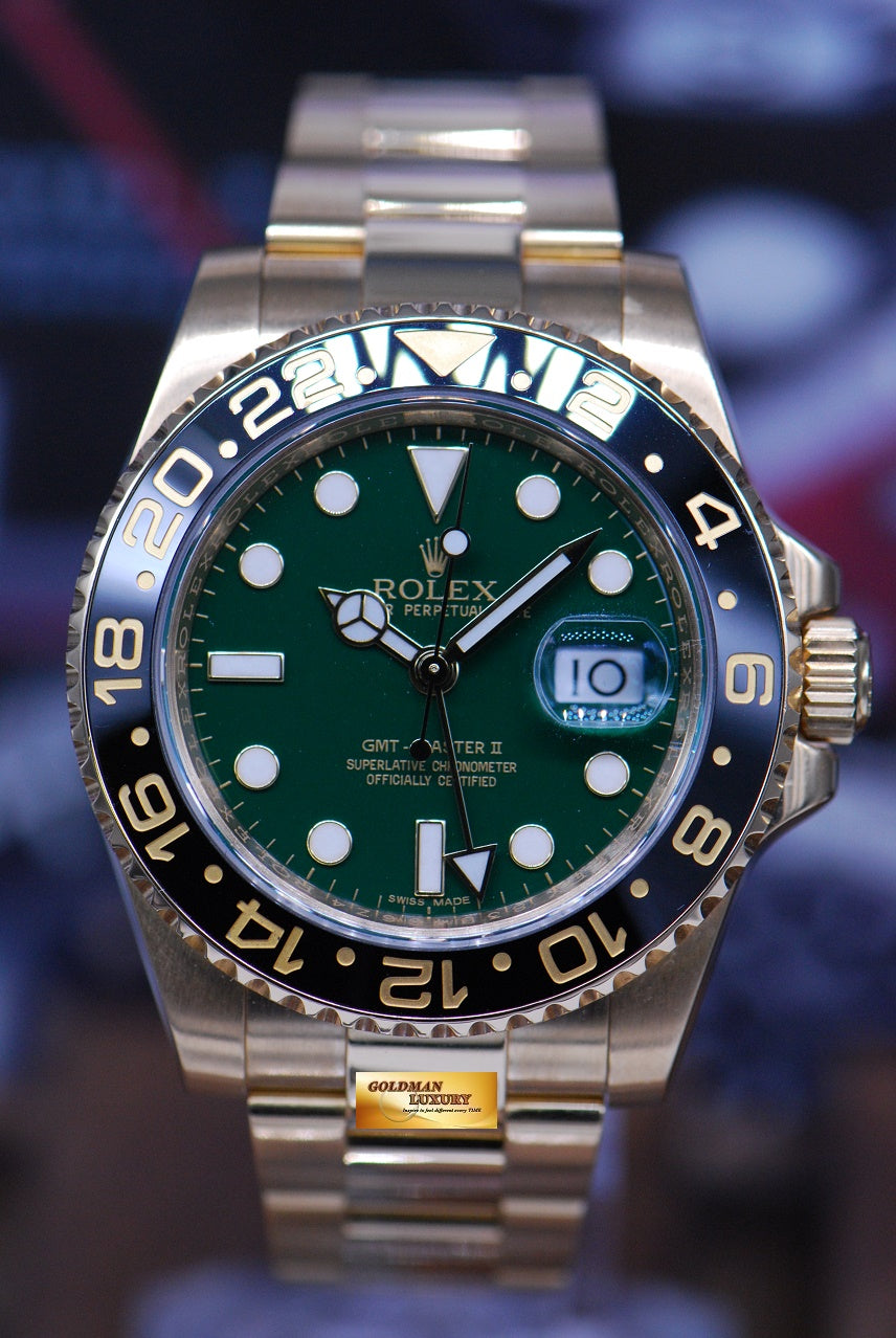 [SOLD] ROLEX OYSTER PERPETUAL GMT-MASTER II 18K YELLOW GOLD GREEN DIAL CERAMIC BLACK 116718 (MINT)