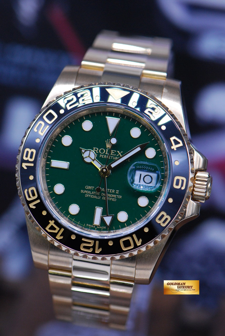 [SOLD] ROLEX OYSTER PERPETUAL GMT-MASTER II 18K YELLOW GOLD GREEN DIAL CERAMIC BLACK 116718 (MINT)