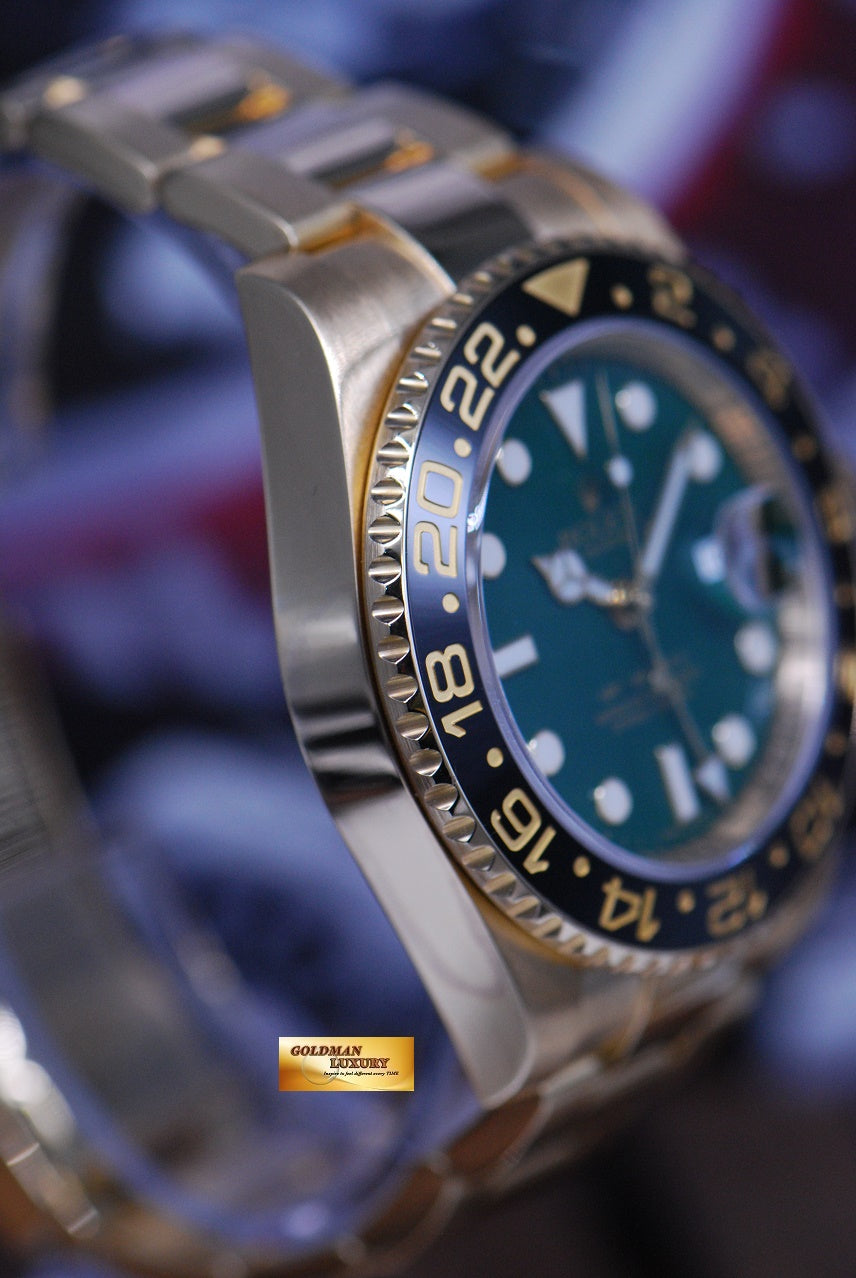 [SOLD] ROLEX OYSTER PERPETUAL GMT-MASTER II 18K YELLOW GOLD GREEN DIAL CERAMIC BLACK 116718 (MINT)
