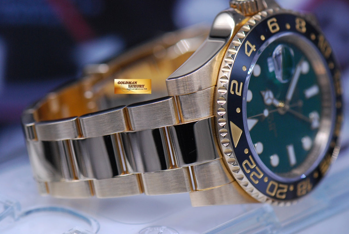 [SOLD] ROLEX OYSTER PERPETUAL GMT-MASTER II 18K YELLOW GOLD GREEN DIAL CERAMIC BLACK 116718 (MINT)