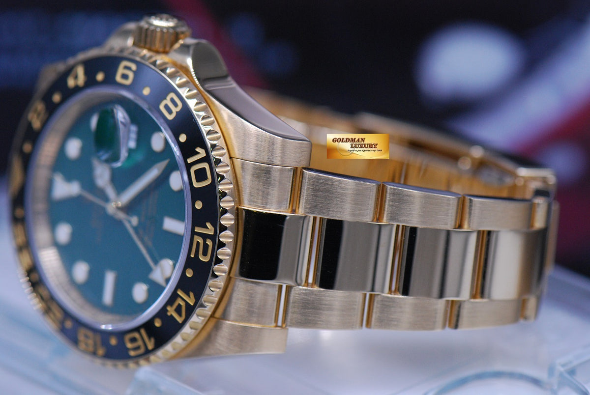 [SOLD] ROLEX OYSTER PERPETUAL GMT-MASTER II 18K YELLOW GOLD GREEN DIAL CERAMIC BLACK 116718 (MINT)