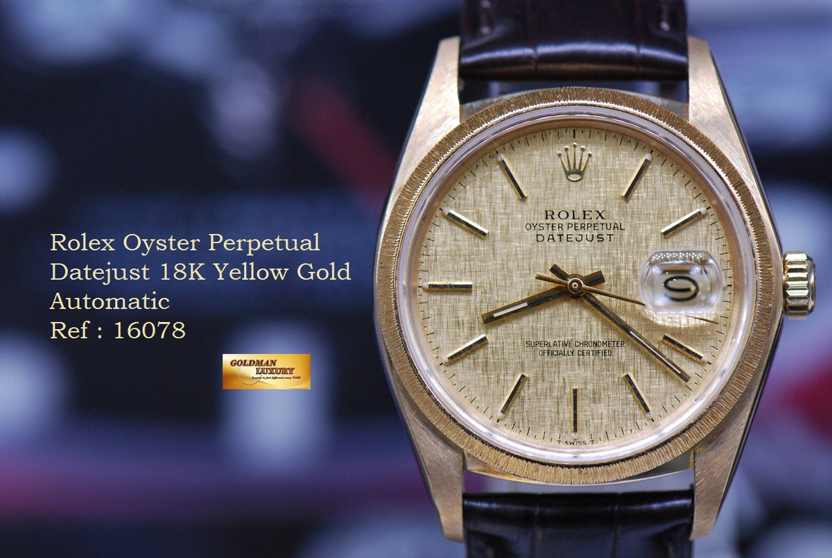 [SOLD] ROLEX OYSTER PERPETUAL DATEJUST 18K YELLOW GOLD “BARK” BEZEL Ref : 16078 (MINT)
