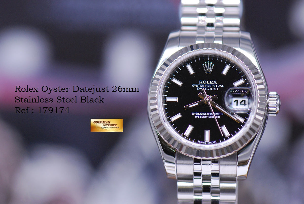 [SOLD] ROLEX OYSTER PERPETUAL DATEJUST 26mm STAINLESS STEEL BLACK 179174 (MINT)