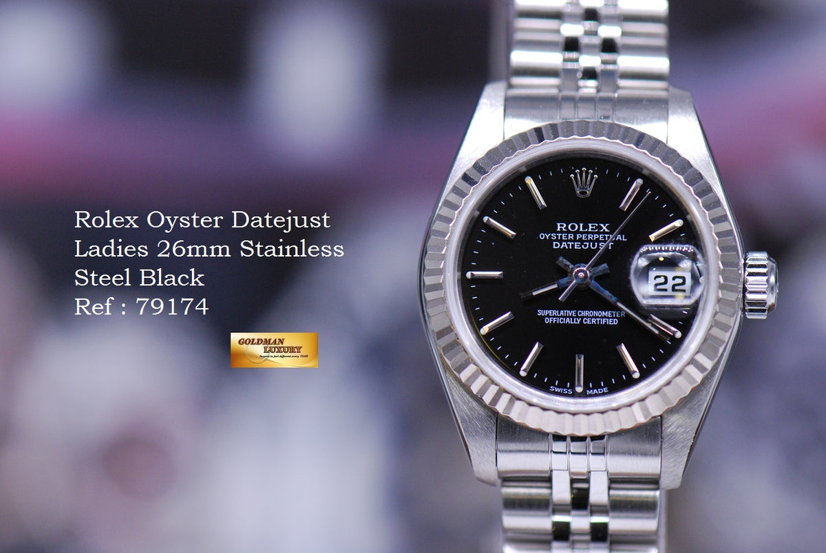 [SOLD] ROLEX OYSTER PERPETUAL DATEJUST 26mm LADIES STAINLESS STEEL BLACK 79174 (NEAR MINT)