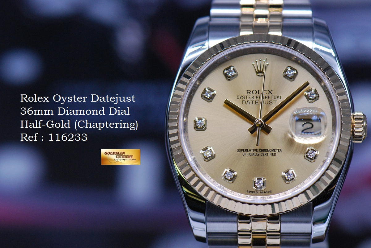 [SOLD] ROLEX OYSTER PERPETUAL DATEJUST 36mm HALF-GOLD DIAMOND GOLD DIAL 116233 (MINT)