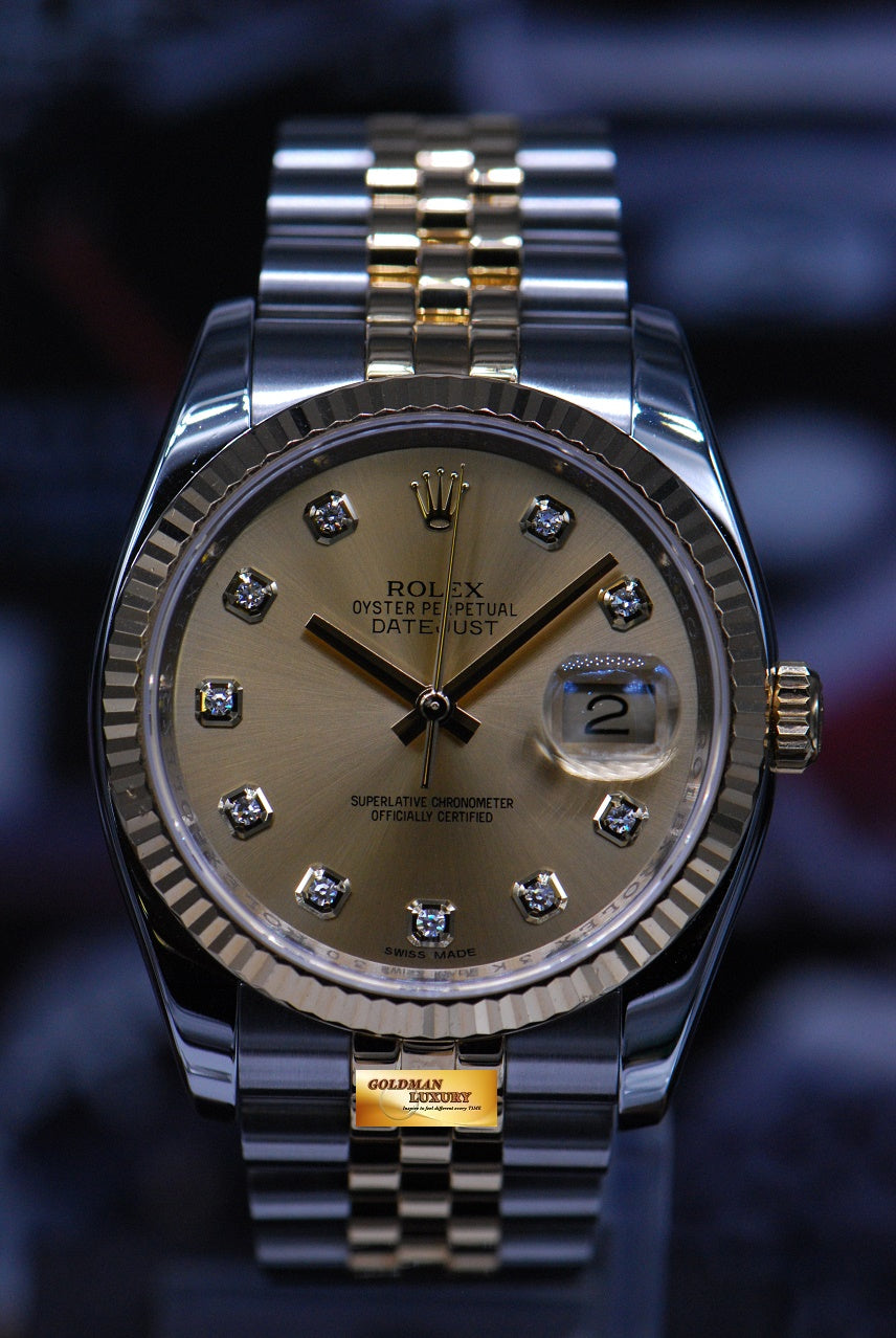 [SOLD] ROLEX OYSTER PERPETUAL DATEJUST 36mm HALF-GOLD DIAMOND GOLD DIAL 116233 (MINT)