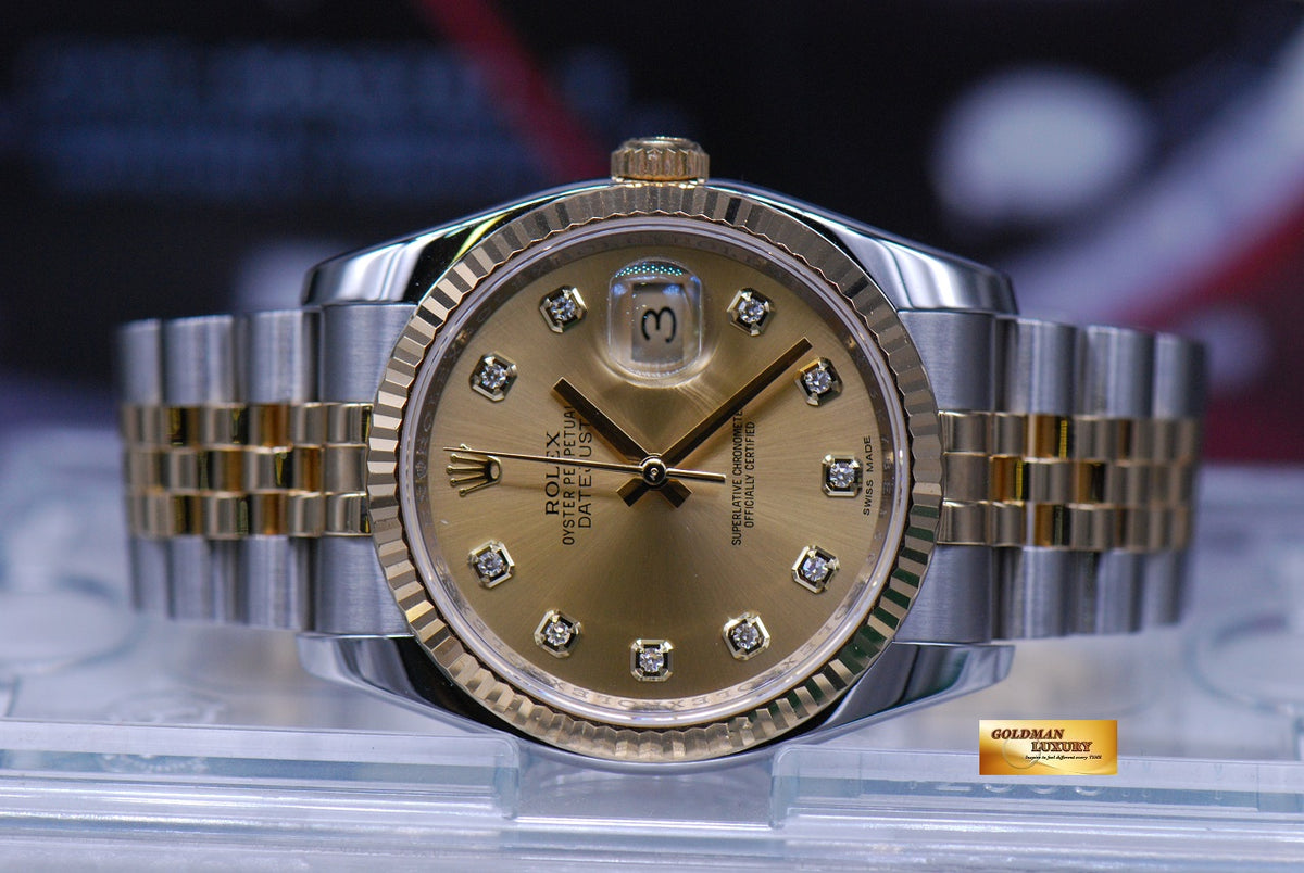 [SOLD] ROLEX OYSTER PERPETUAL DATEJUST 36mm HALF-GOLD DIAMOND GOLD DIAL 116233 (MINT)