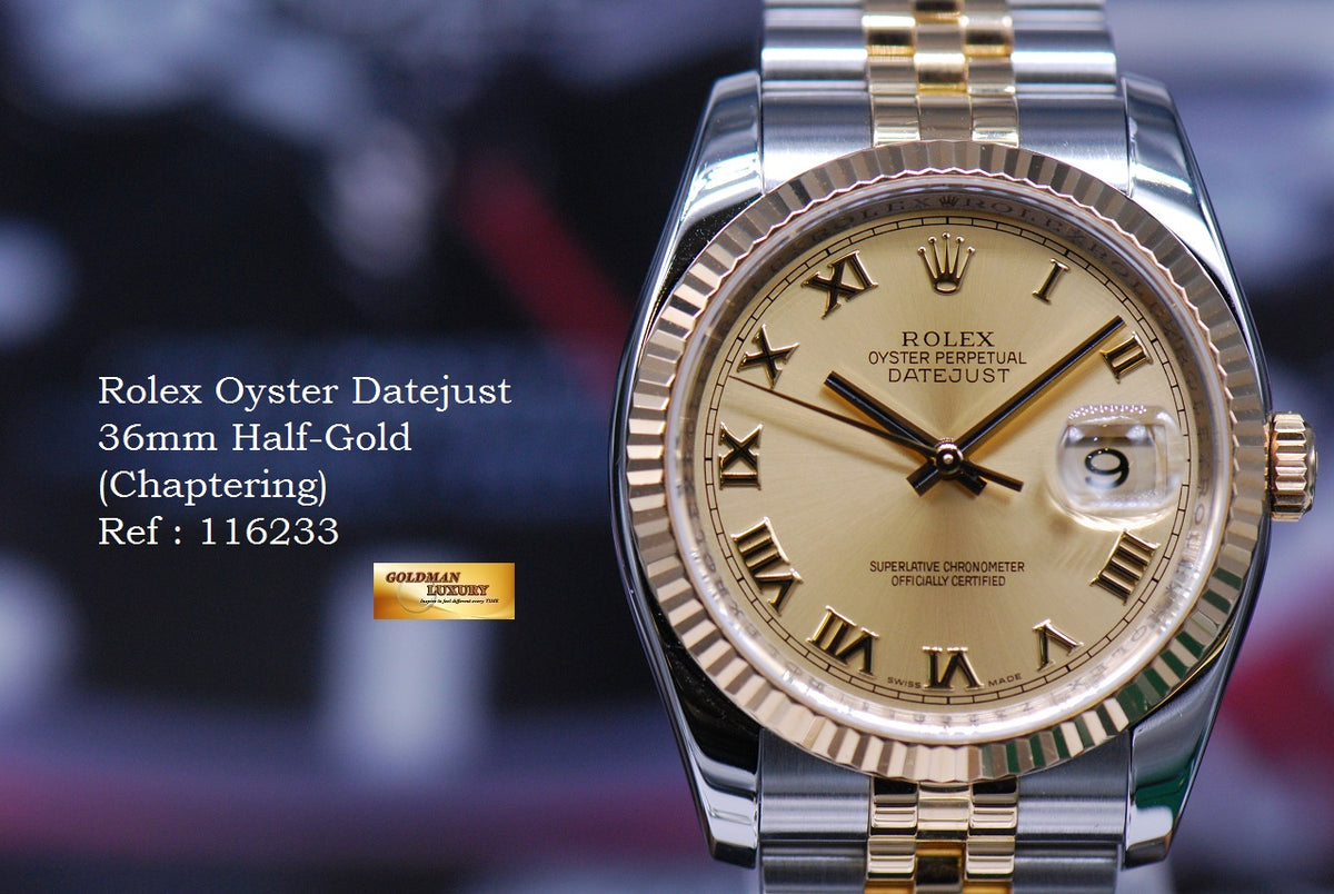 [SOLD] ROLEX OYSTER PERPETUAL DATEJUST 36mm HALF-GOLD GOLD DIAL 116233 (MINT)