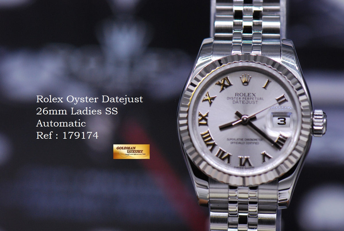 [SOLD] ROLEX OYSTER PERPETUAL DATEJUST 26mm LADIES STAINLESS STEEL 179174 (MINT)