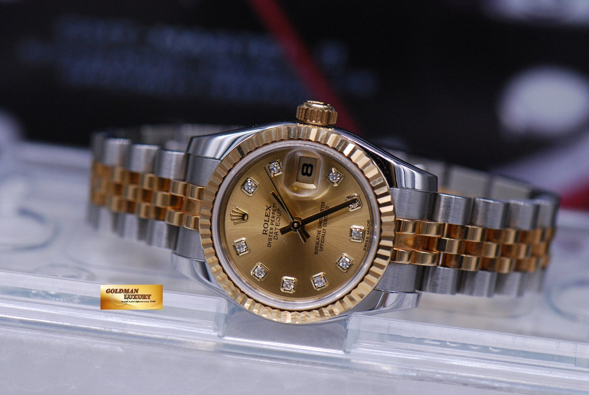 [SOLD] ROLEX OYSTER PERPETUAL DATEJUST 26mm LADIES HALF-GOLD DIAMOND GOLD DIAL 179173 (MINT)