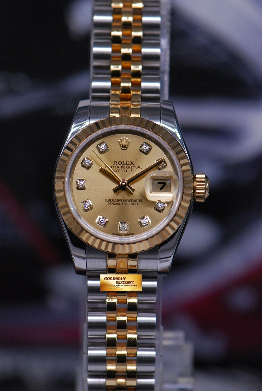 [SOLD] ROLEX OYSTER PERPETUAL DATEJUST 26mm LADIES HALF-GOLD DIAMOND GOLD DIAL 179173 (MINT)