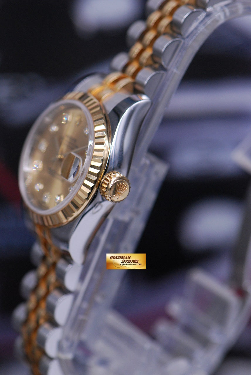 [SOLD] ROLEX OYSTER PERPETUAL DATEJUST 26mm LADIES HALF-GOLD DIAMOND GOLD DIAL 179173 (MINT)