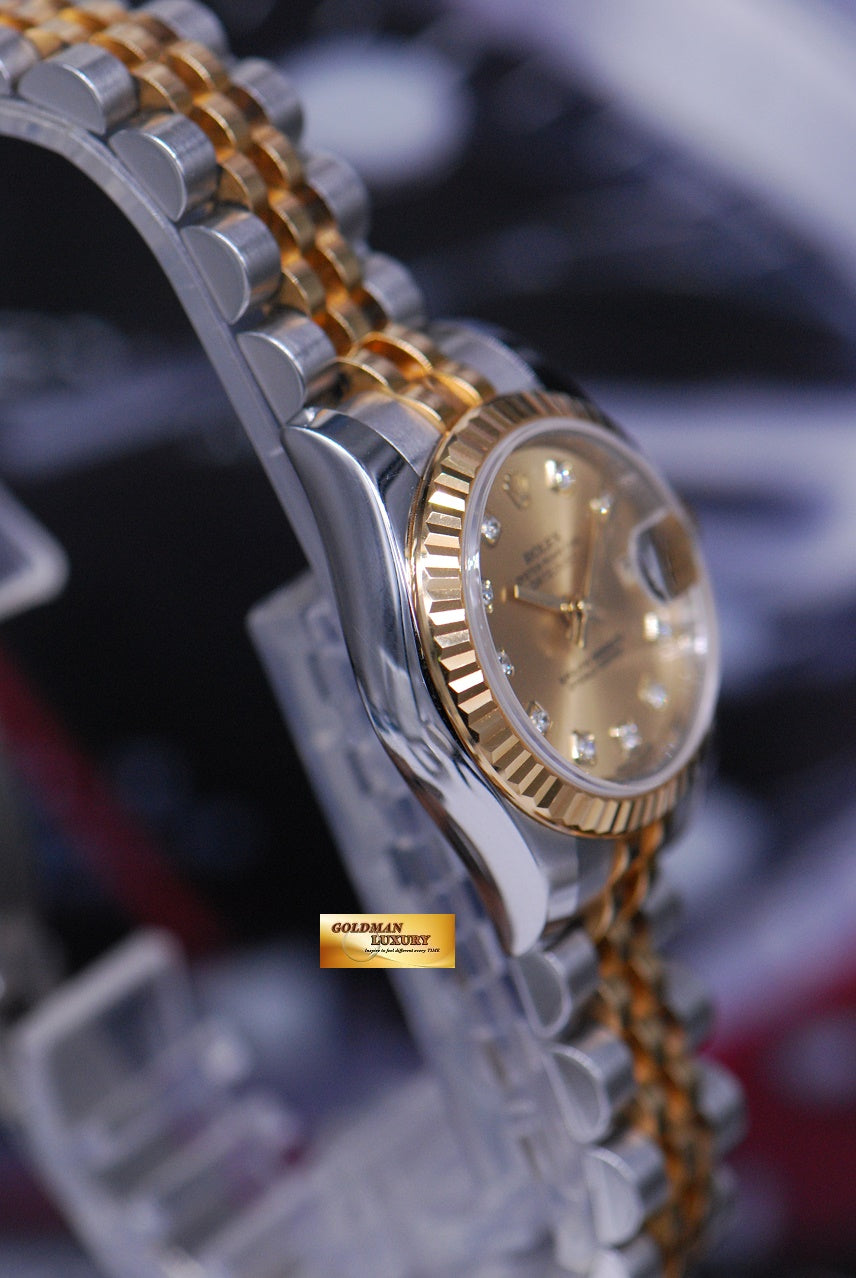 [SOLD] ROLEX OYSTER PERPETUAL DATEJUST 26mm LADIES HALF-GOLD DIAMOND GOLD DIAL 179173 (MINT)