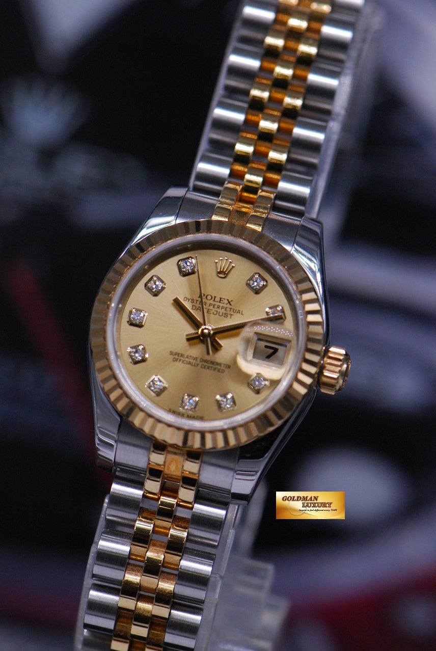 [SOLD] ROLEX OYSTER PERPETUAL DATEJUST 26mm LADIES HALF-GOLD DIAMOND GOLD DIAL 179173 (MINT)