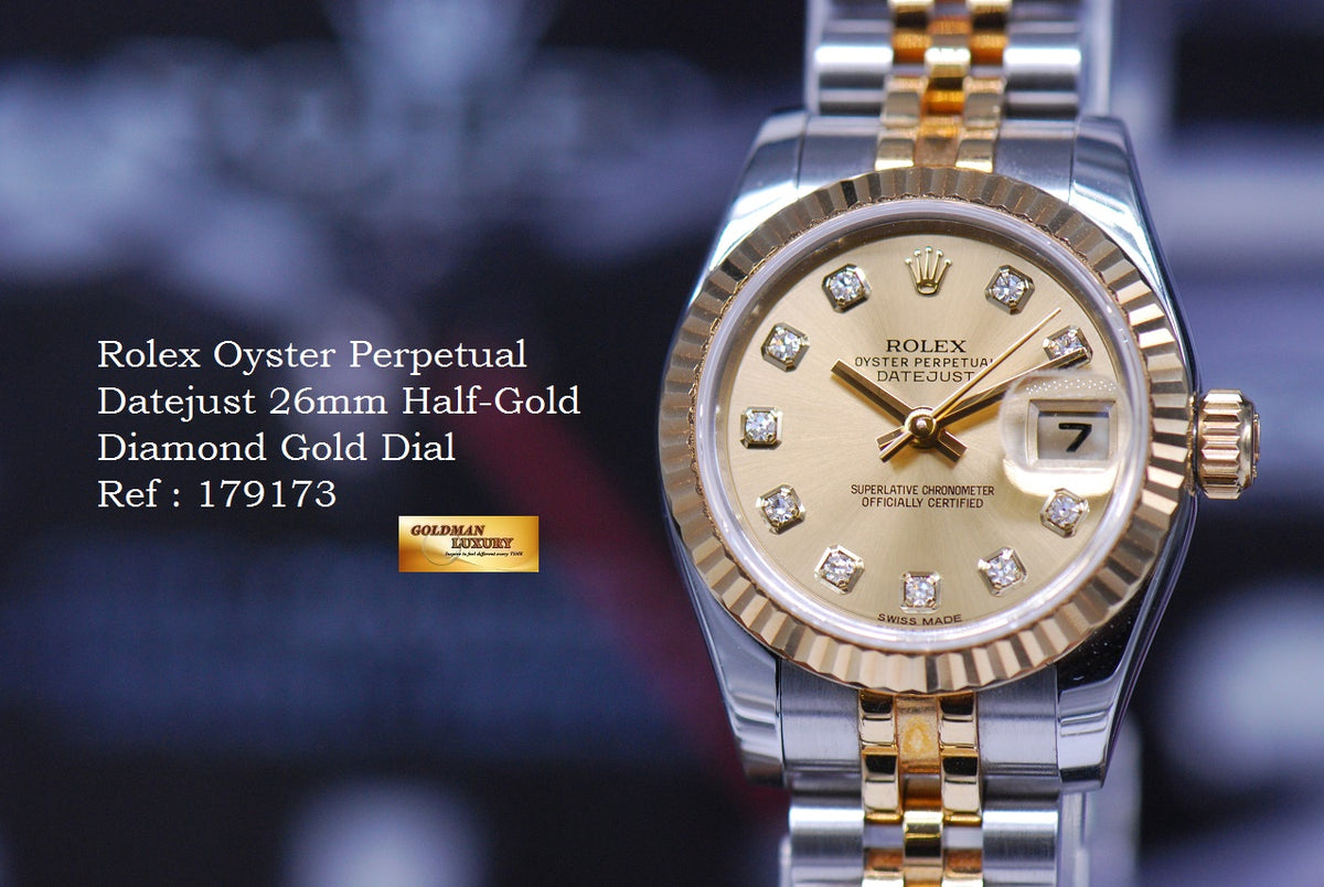 [SOLD] ROLEX OYSTER PERPETUAL DATEJUST 26mm LADIES HALF-GOLD DIAMOND GOLD DIAL 179173 (MINT)