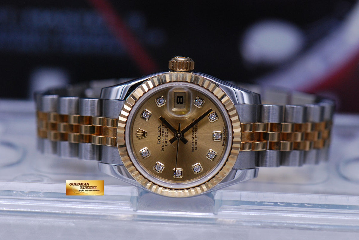 [SOLD] ROLEX OYSTER PERPETUAL DATEJUST 26mm LADIES HALF-GOLD DIAMOND GOLD DIAL 179173 (MINT)