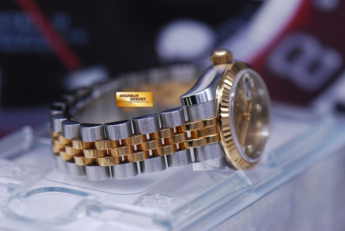 [SOLD] ROLEX OYSTER PERPETUAL DATEJUST 26mm LADIES HALF-GOLD DIAMOND GOLD DIAL 179173 (MINT)