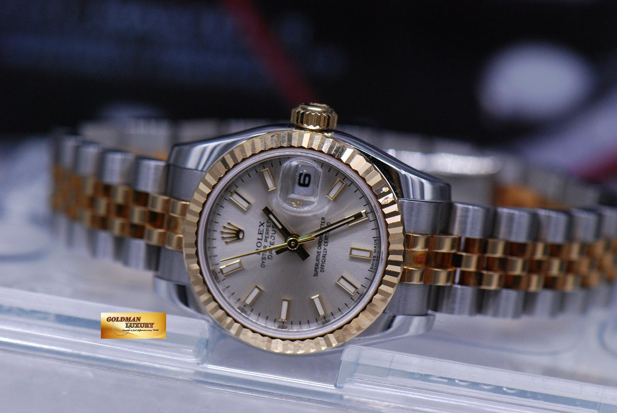 [SOLD] ROLEX OYSTER PERPETUAL DATEJUST 26mm LADIES HALF-GOLD SILVER DIAL 179173 (MINT)
