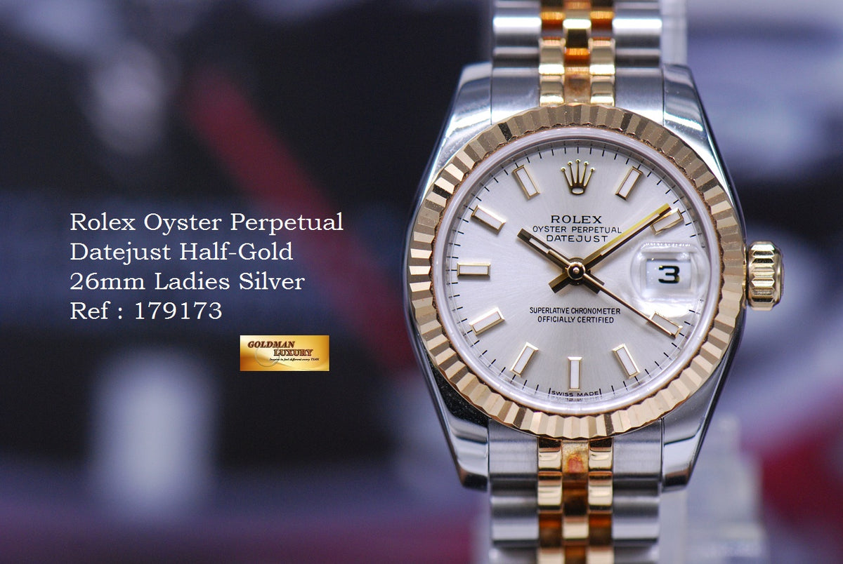 [SOLD] ROLEX OYSTER PERPETUAL DATEJUST 26mm LADIES HALF-GOLD SILVER DIAL 179173 (MINT)