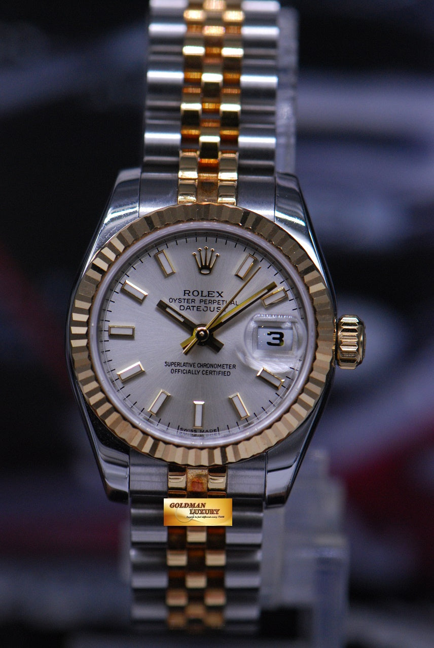 [SOLD] ROLEX OYSTER PERPETUAL DATEJUST 26mm LADIES HALF-GOLD SILVER DIAL 179173 (MINT)