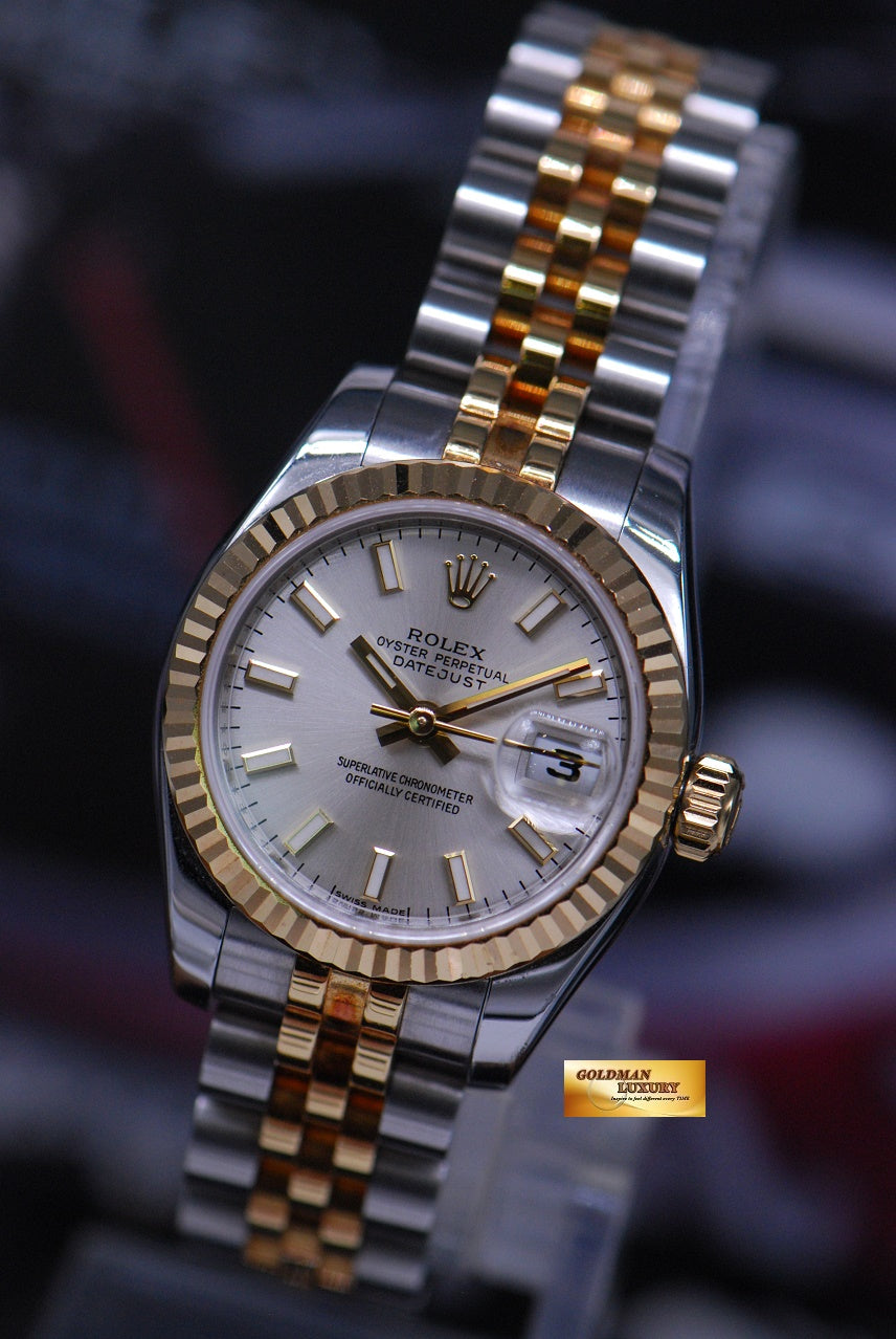 [SOLD] ROLEX OYSTER PERPETUAL DATEJUST 26mm LADIES HALF-GOLD SILVER DIAL 179173 (MINT)