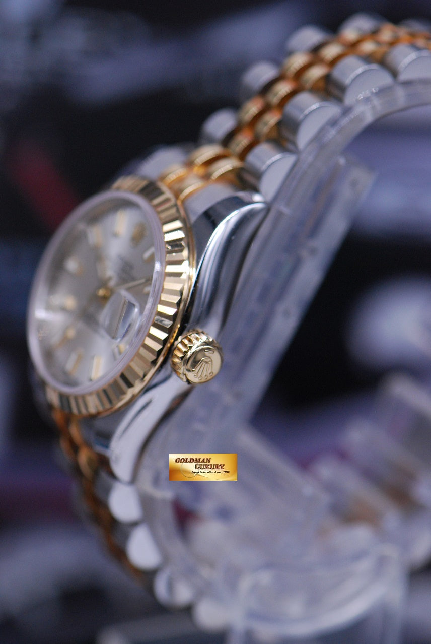 [SOLD] ROLEX OYSTER PERPETUAL DATEJUST 26mm LADIES HALF-GOLD SILVER DIAL 179173 (MINT)