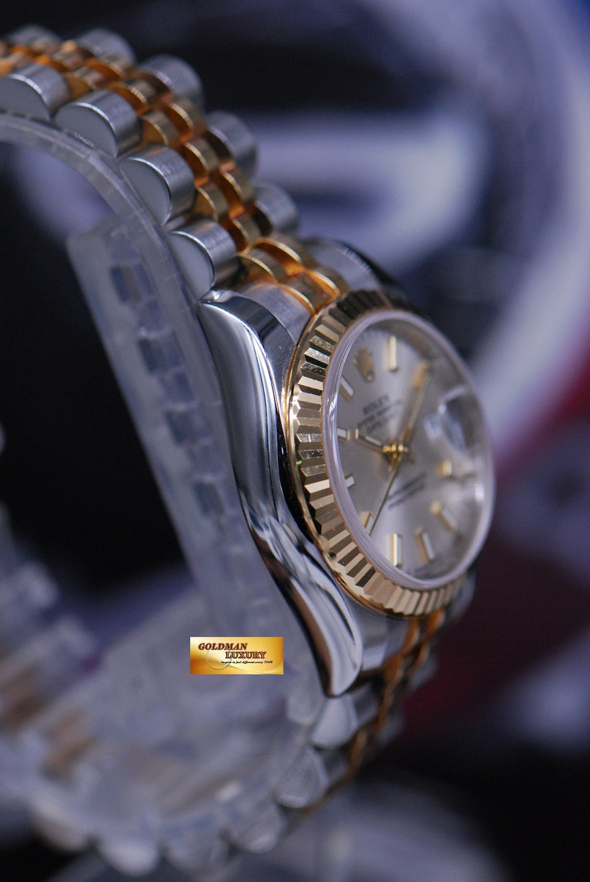 [SOLD] ROLEX OYSTER PERPETUAL DATEJUST 26mm LADIES HALF-GOLD SILVER DIAL 179173 (MINT)