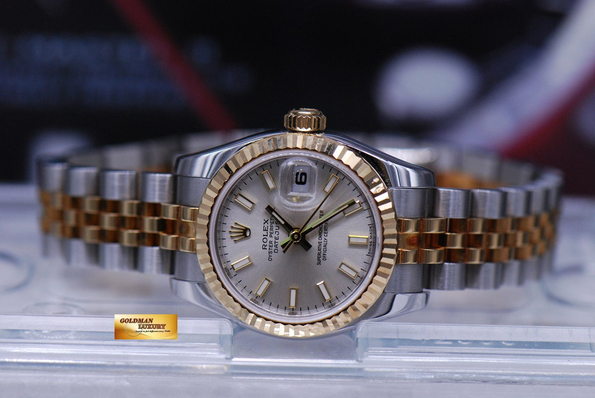 [SOLD] ROLEX OYSTER PERPETUAL DATEJUST 26mm LADIES HALF-GOLD SILVER DIAL 179173 (MINT)