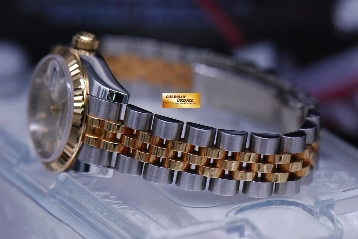 [SOLD] ROLEX OYSTER PERPETUAL DATEJUST 26mm LADIES HALF-GOLD SILVER DIAL 179173 (MINT)