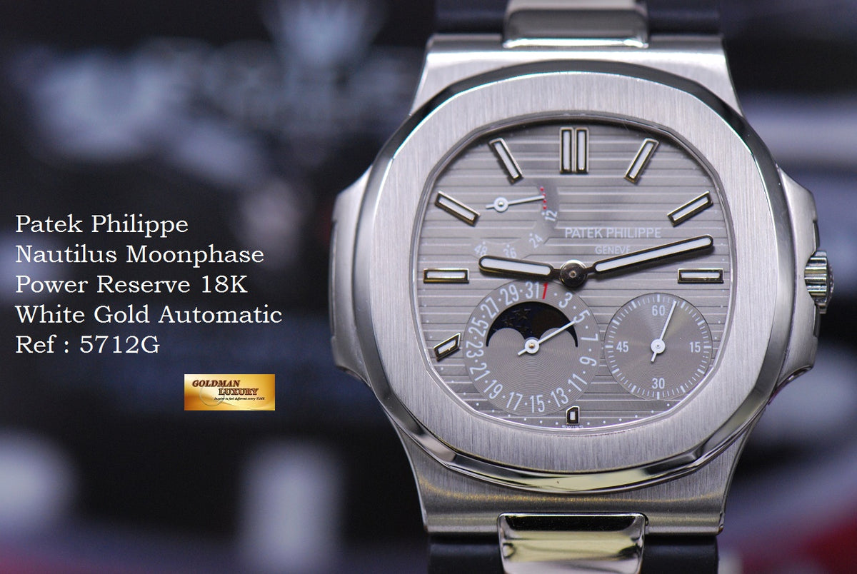 [SOLD] PATEK PHILIPPE NAUTILUS MOONPHASE POWER RESERVE 18K WHITE GOLD AUTOMATIC LEATHER STRAP 5712G (MINT)