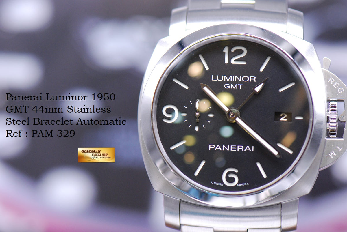 [SOLD] PANERAI LUMINOR 1950 GMT 44mm STAINLESS STEEL BRACELET PAM 329 AUTOMATIC (MINT)