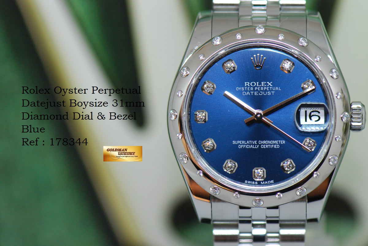 [SOLD] ROLEX OYSTER PERPETUAL DATEJUST BOYSIZE 31mm SS DIAMOND DIAL & BEZEL 178344 (MINT)